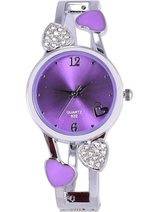 Accessories - Women's Purple Quartz with Rhinestone Round Dial Stainless Steel Band Cuff Watch